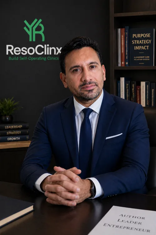 Surinder Ahitan, Founder of ResoClinx, photographed in a charcoal studio in a navy suit, hands clasped on a wooden desk, ResoClinx wordmark on the wall behind.