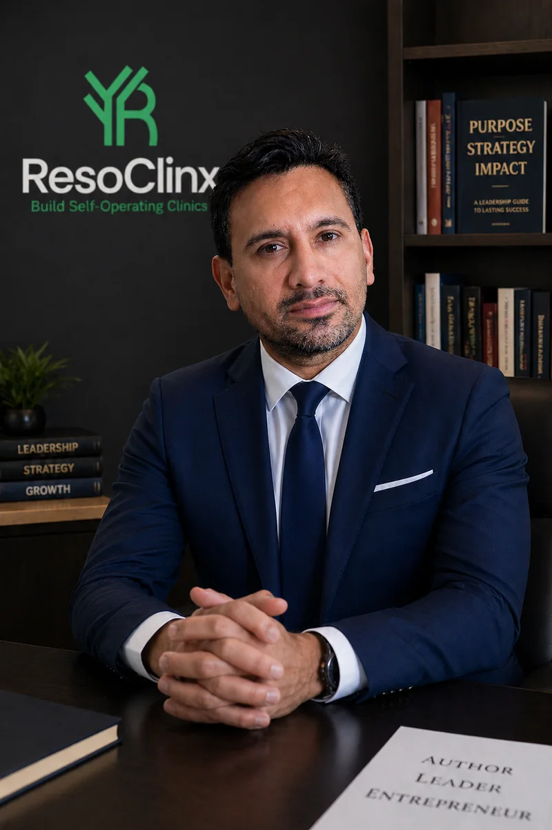 Surinder Ahitan, Founder of ResoClinx, photographed in a charcoal studio in a navy suit, hands clasped on a wooden desk, ResoClinx wordmark on the wall behind.