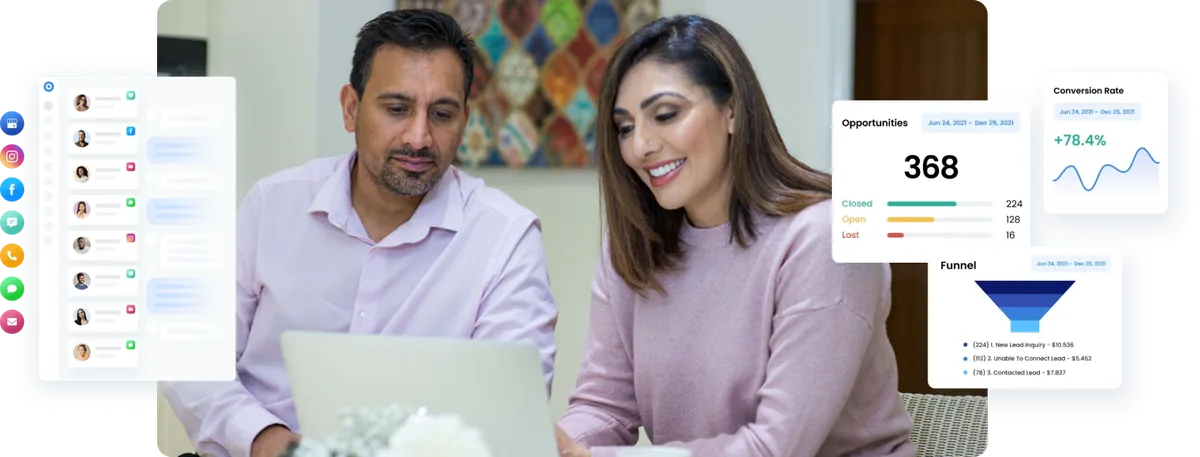 Surinder and Manroop Ahitan reviewing marketing performance, opportunities and conversion-rate dashboards on a laptop — the kind of operator visibility ResoClinx gives every aesthetic-clinic owner.