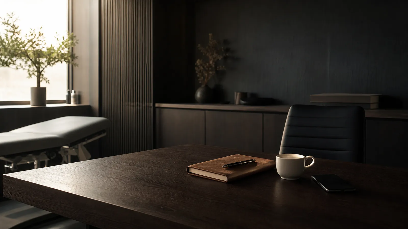 A quiet clinic desk at first light with a notebook, pen, coffee and phone, the starting point for aesthetic clinic marketing