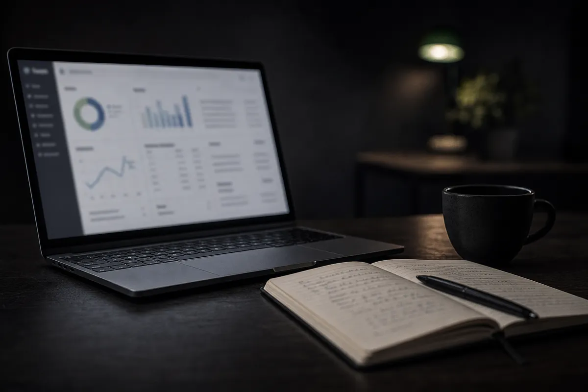 A laptop showing a blurred enquiry dashboard on a dark desk, beside a handwritten notebook, pen and coffee cup