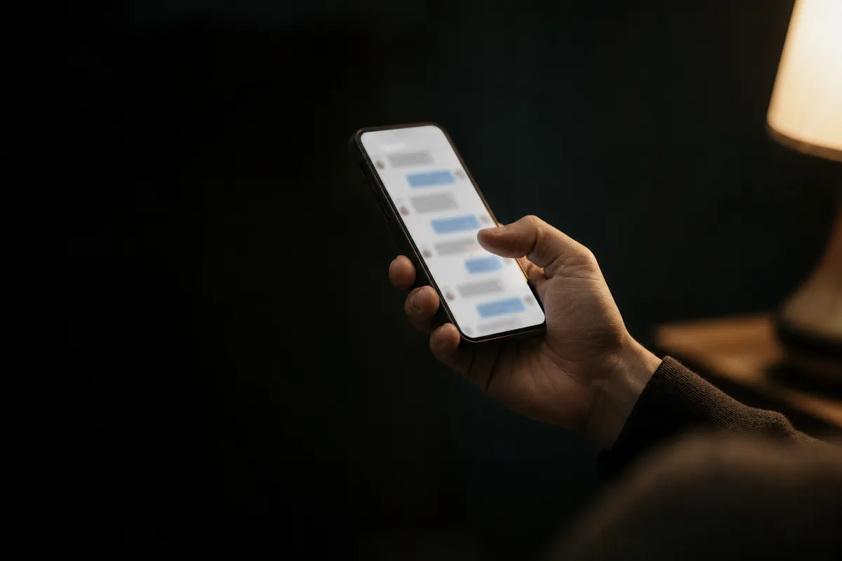 A hand holding a phone showing a clinic messaging app, warm light, dark background