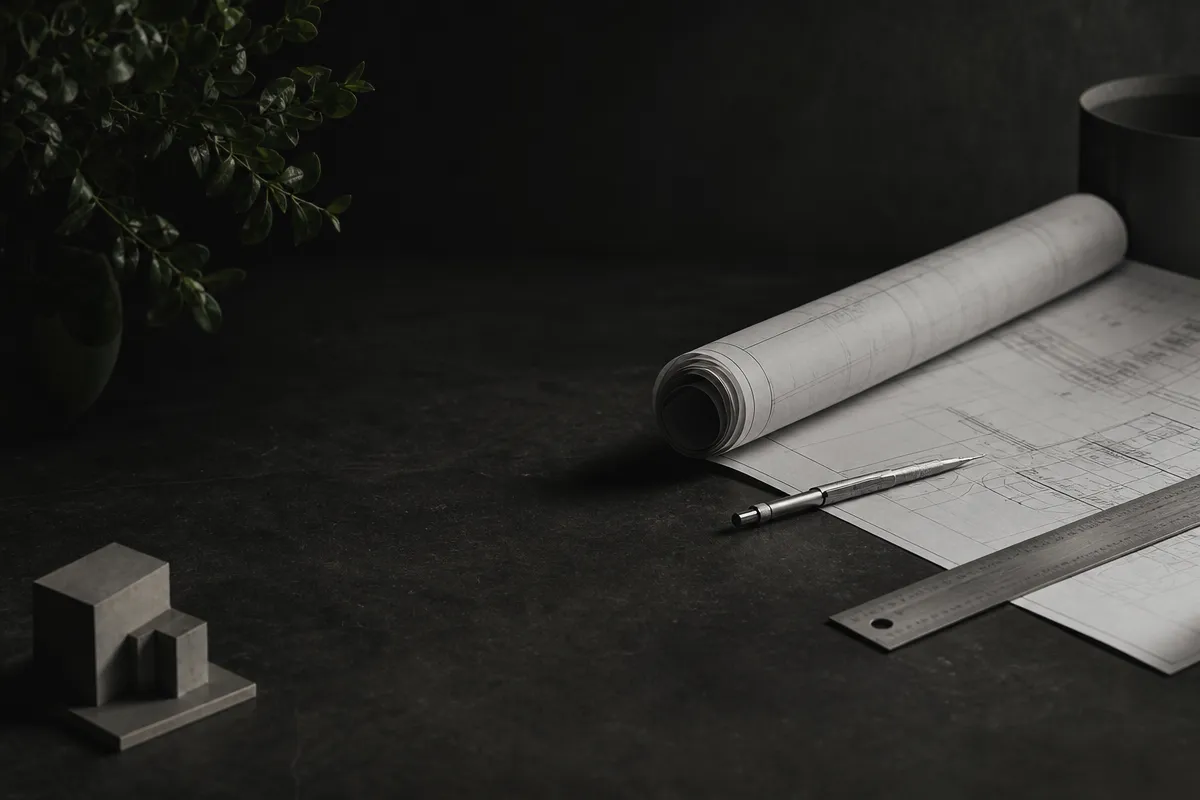 Rolled architectural blueprints, a steel ruler, a mechanical pencil and a small concrete model on a dark desk