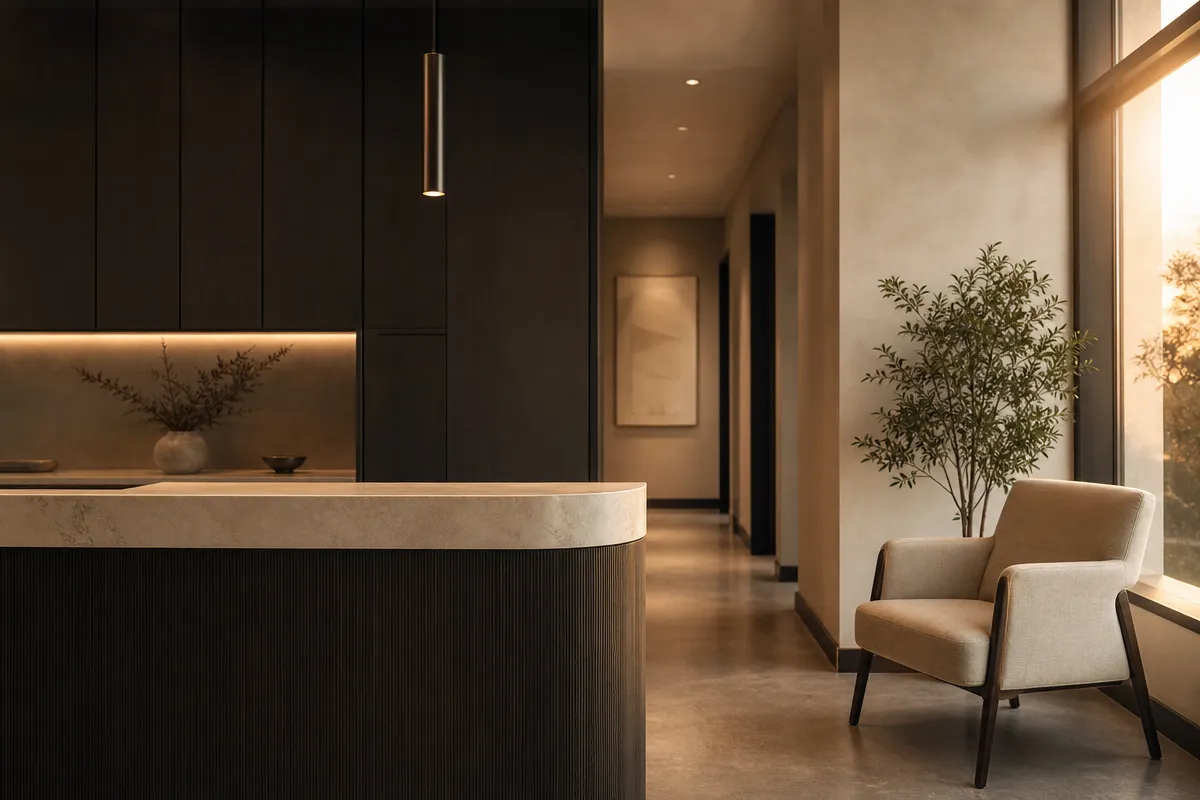 An empty modern clinic reception at golden hour with a stone counter, a waiting chair and light from a tall window