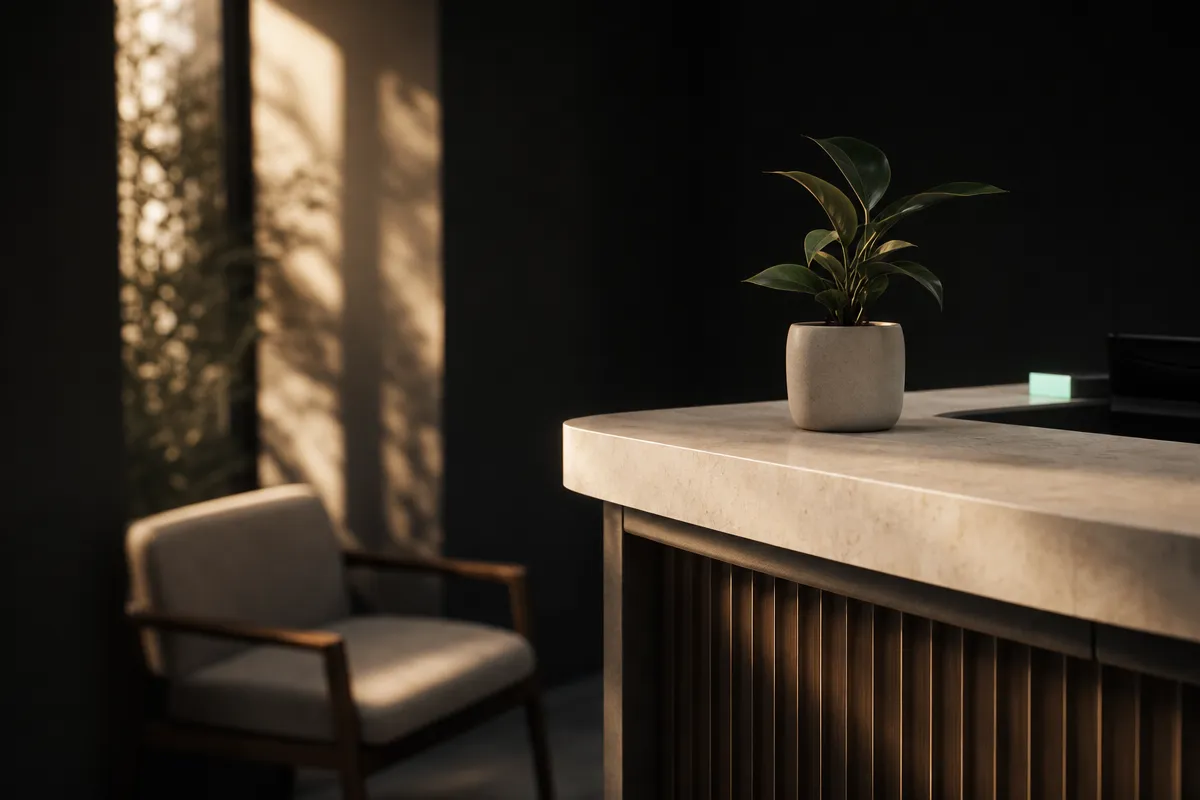 Clean clinic reception counter in soft golden-hour light with a clipboard, no people