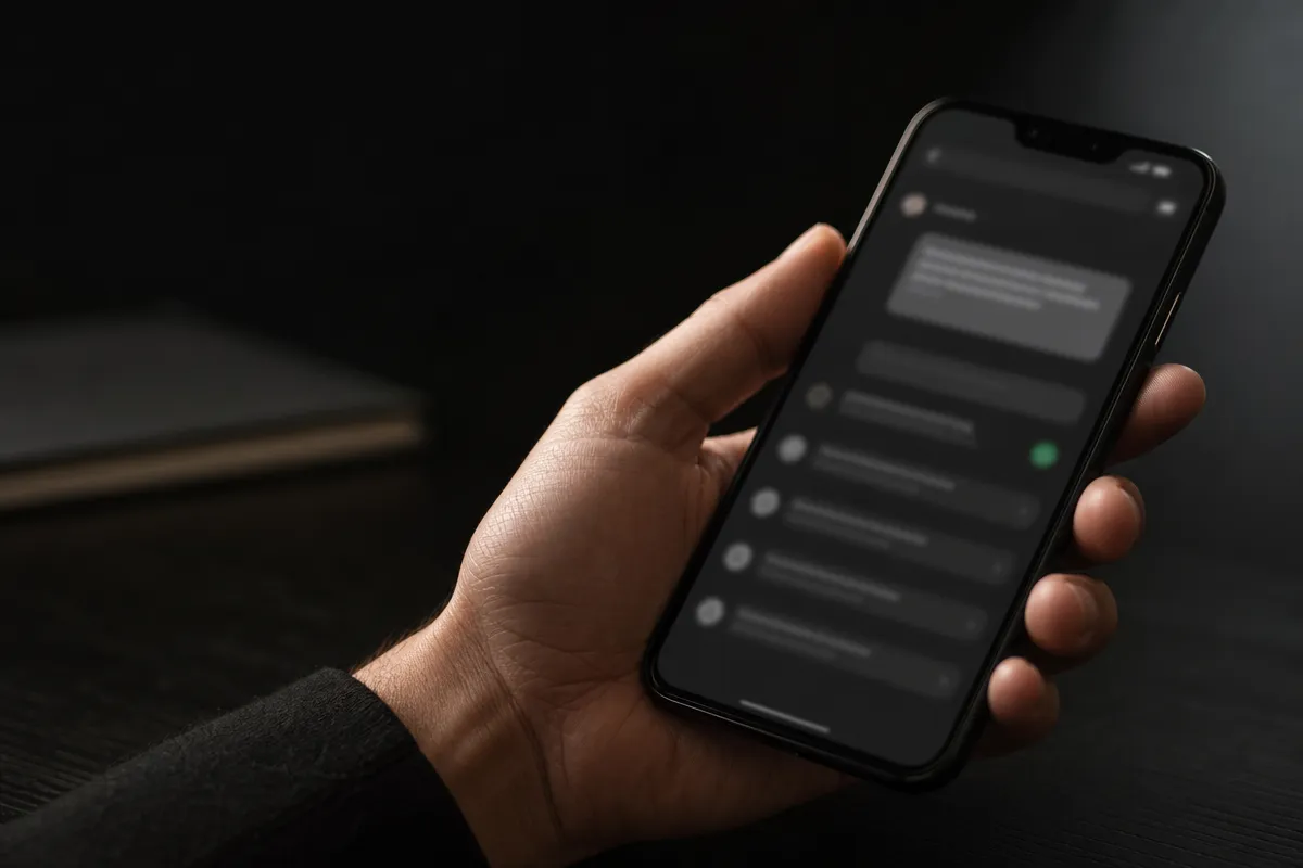 Hand holding a phone showing a clinic enquiry interface, dark background, soft light
