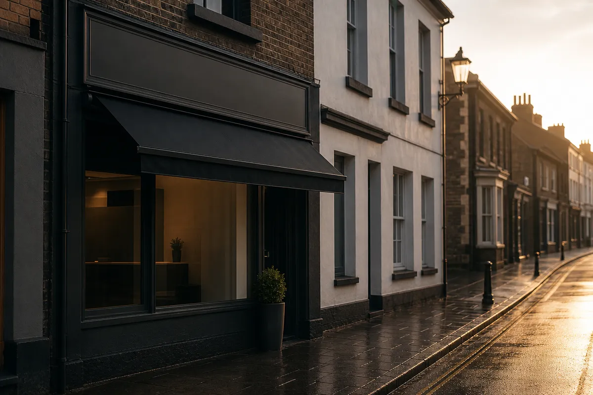 Exterior of a small UK high-street clinic at golden hour, awning visible, no people