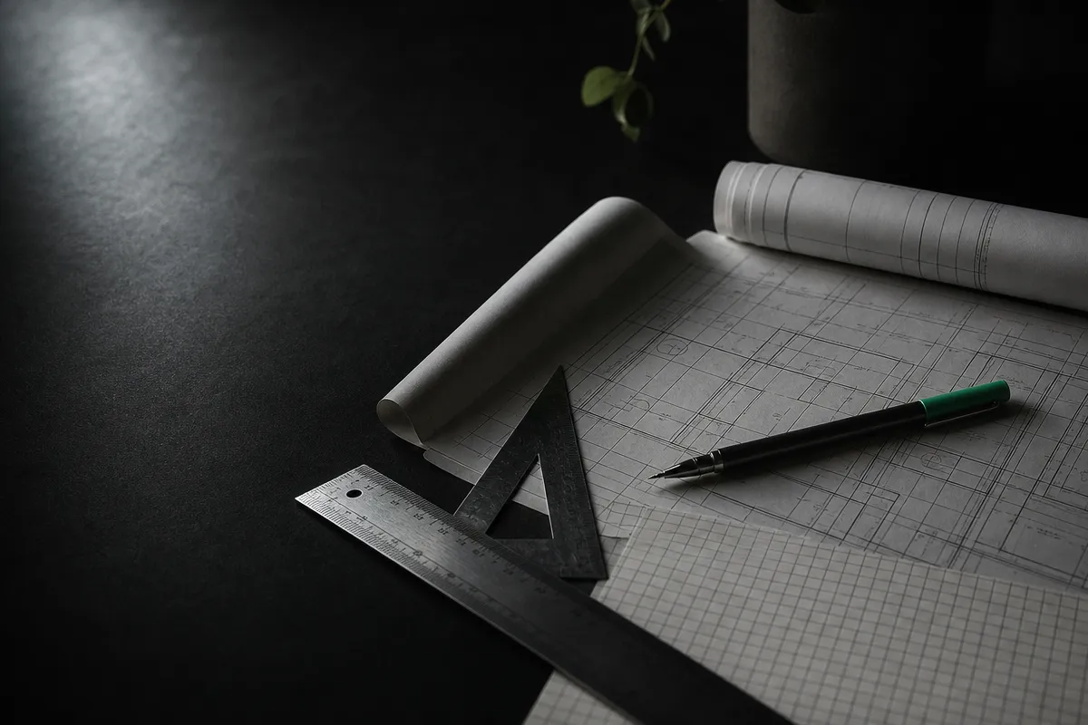 Blueprints, grid paper, a ruler and a pen on a dark moody desk