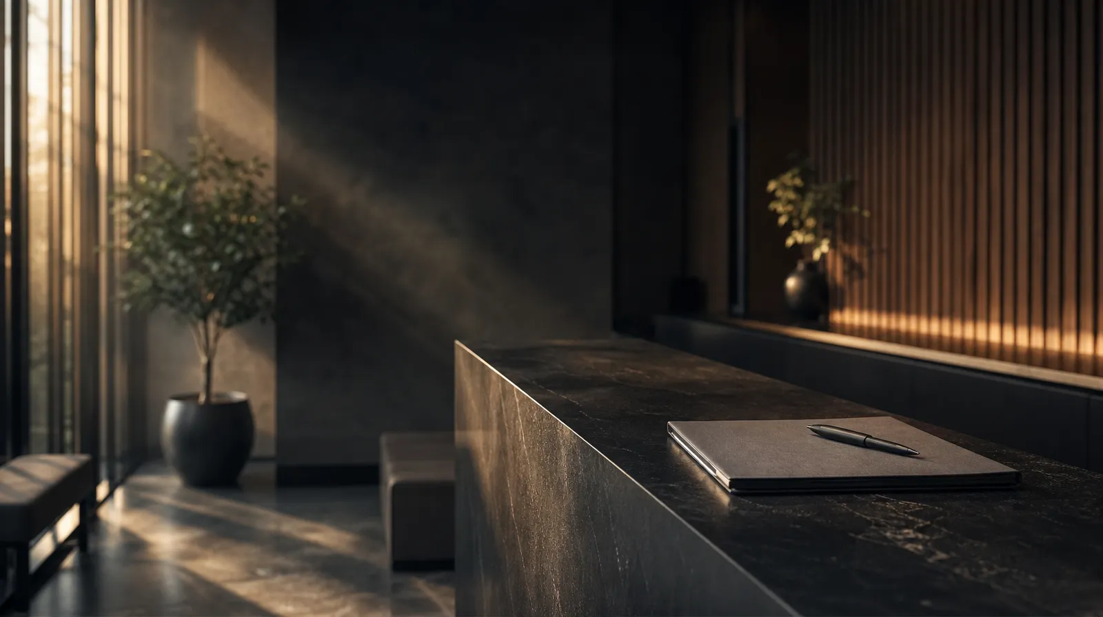 Quiet aesthetic clinic reception at golden hour with a folder of paperwork on the counter