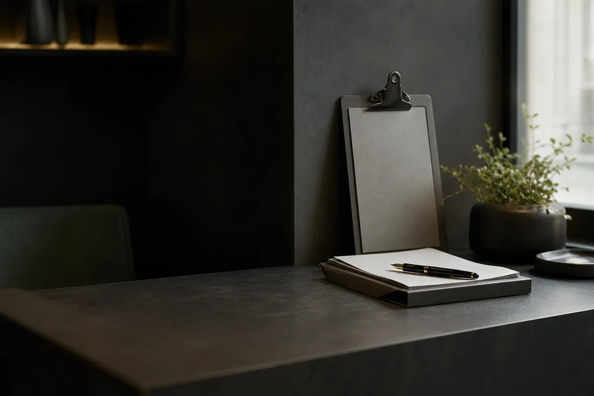 Clinic reception counter at golden hour with a document folder and pen, no people