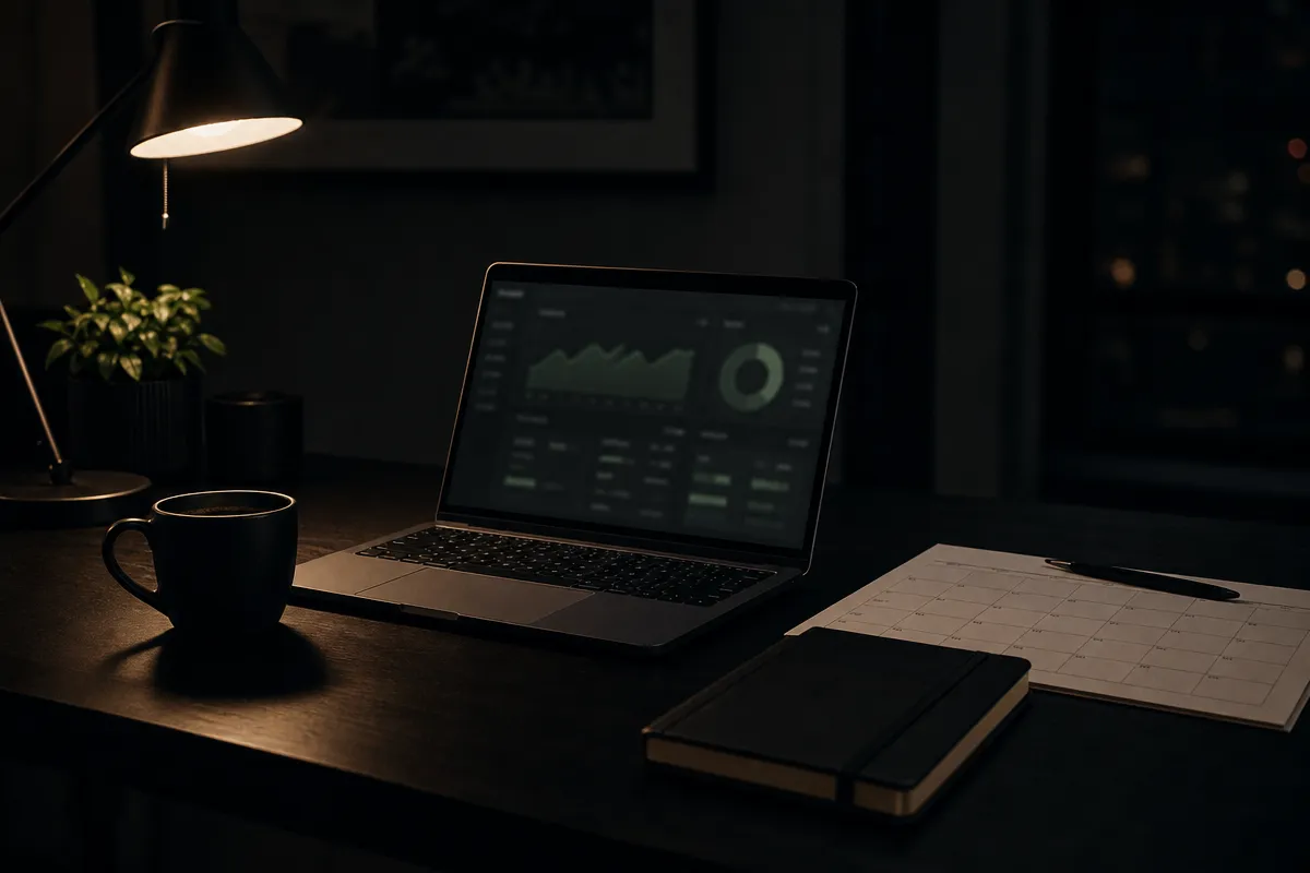 Dark desk with a laptop showing an abstract dashboard, a calendar and a notebook