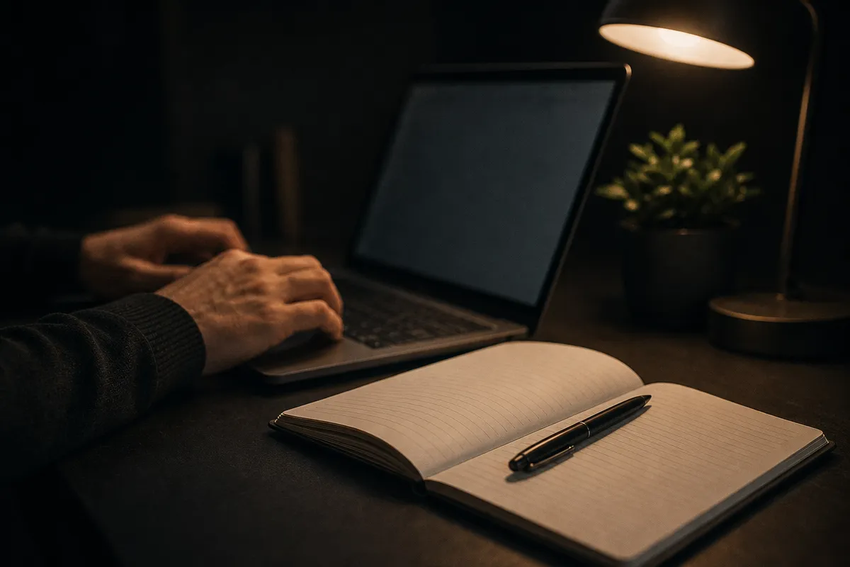 Hands at a keyboard with an open notebook in the foreground, warm desk light
