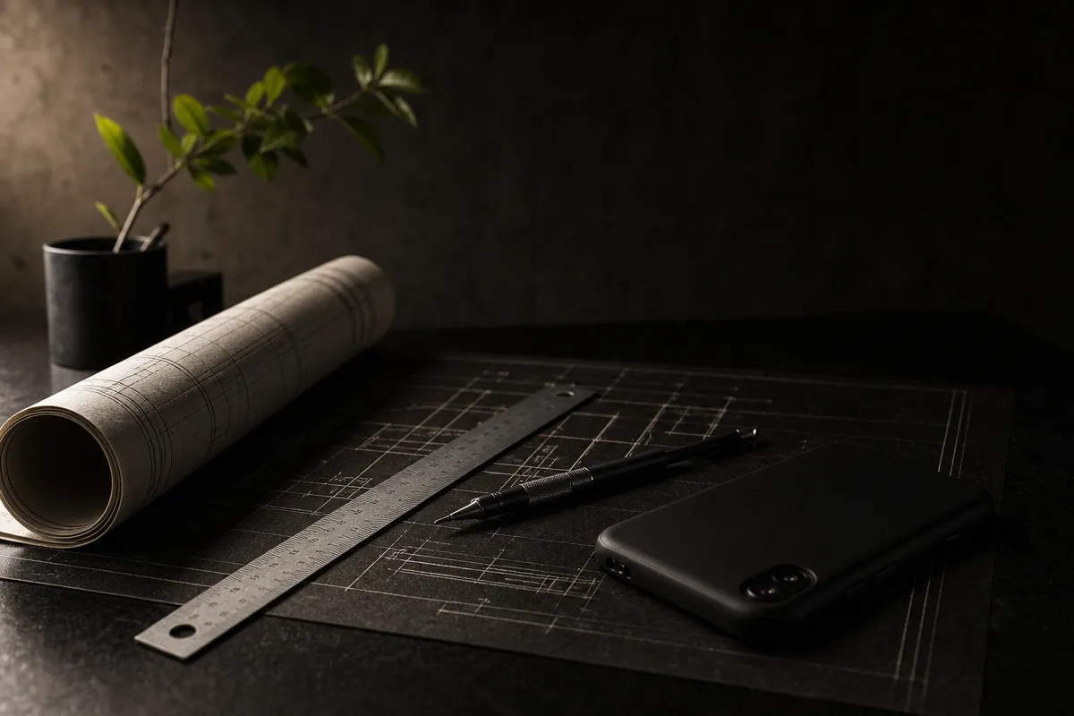 Architectural desk scene with rolled plans, a ruler and a phone, dark and moody