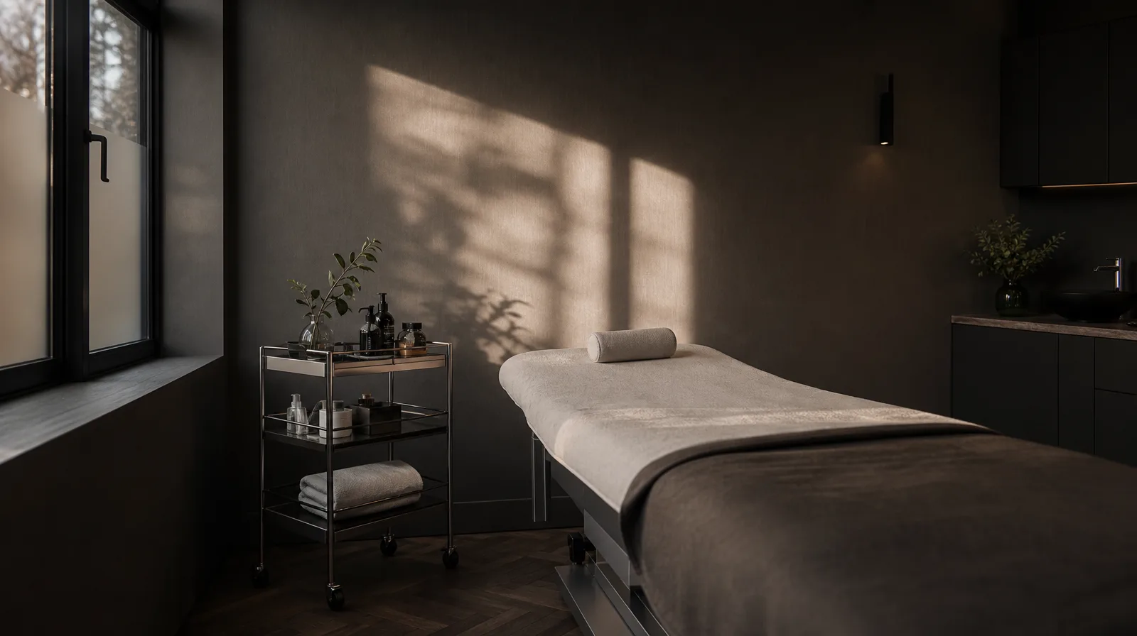 Empty aesthetics business treatment room at golden hour, treatment couch and trolley in soft window light