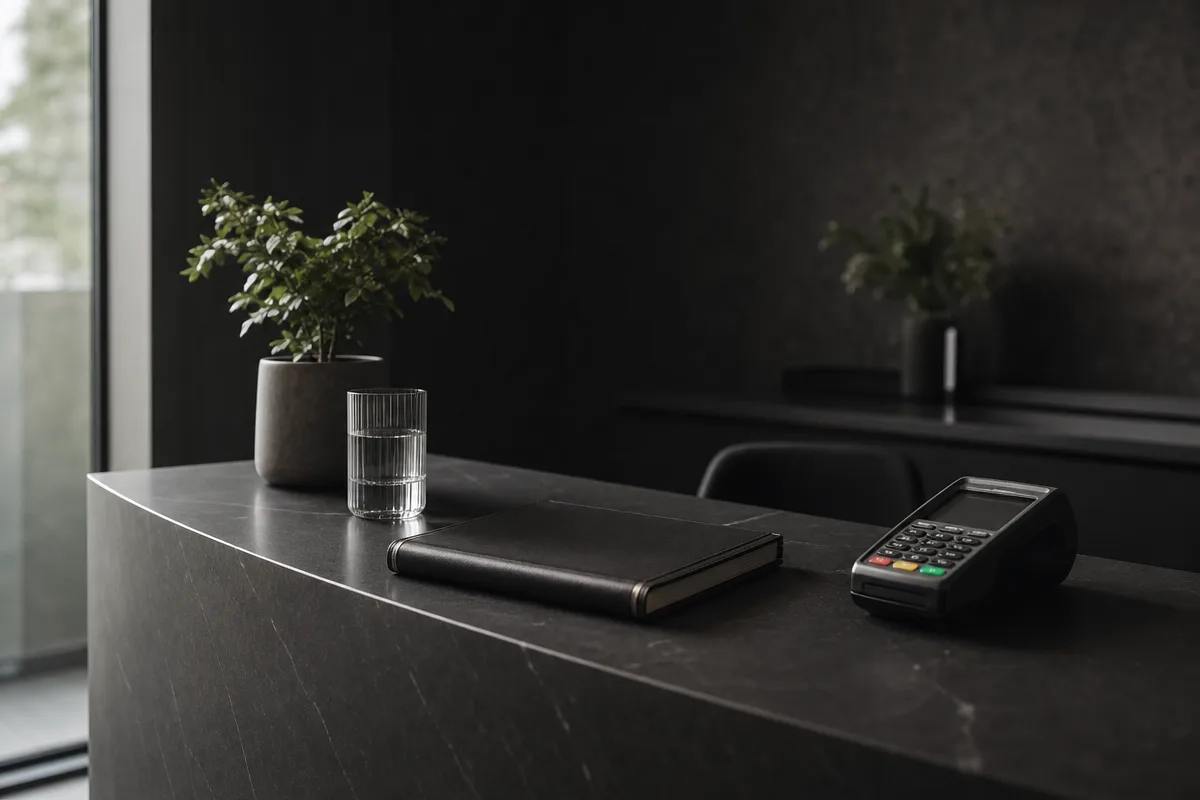 Empty clinic reception counter at golden hour with a diary, card machine and a single plant