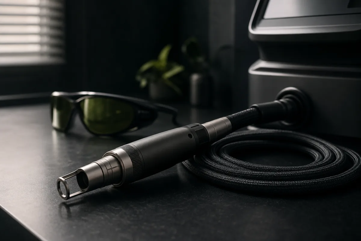 Laser handpiece and fibre optic cable coiled on a dark clinic worktop under soft directional light
