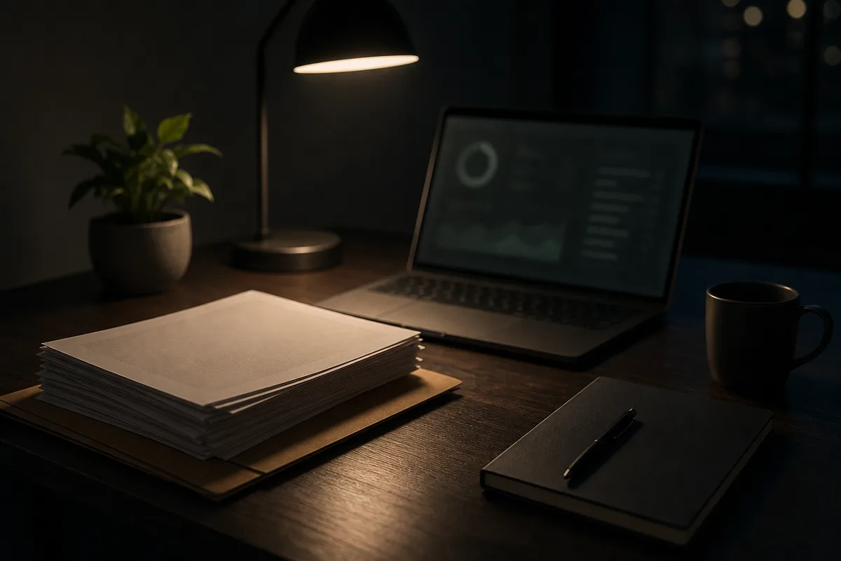 Desk with licence paperwork, a laptop showing an abstract dashboard and a notebook, dark moody light