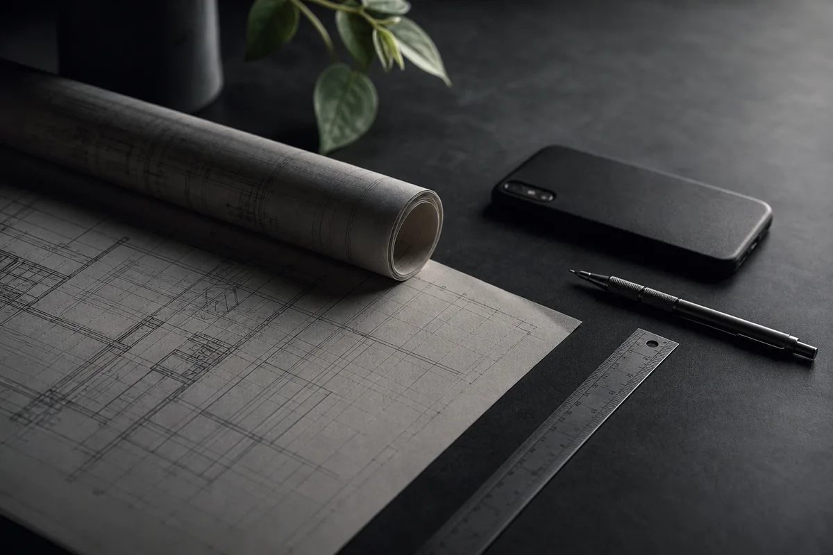 Blueprint, ruler and a phone on a dark desk, marketing plan sketched on grid paper
