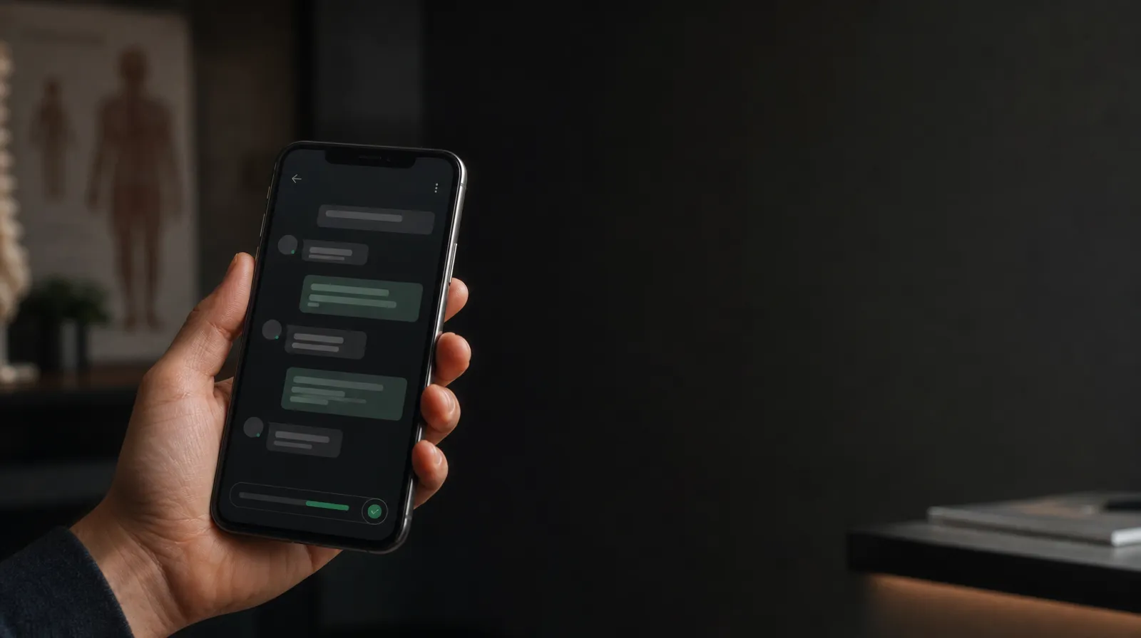 Hand holding a phone with a calm clinic-app interface on a dark desk, an AI medical receptionist taking an after-hours patient call