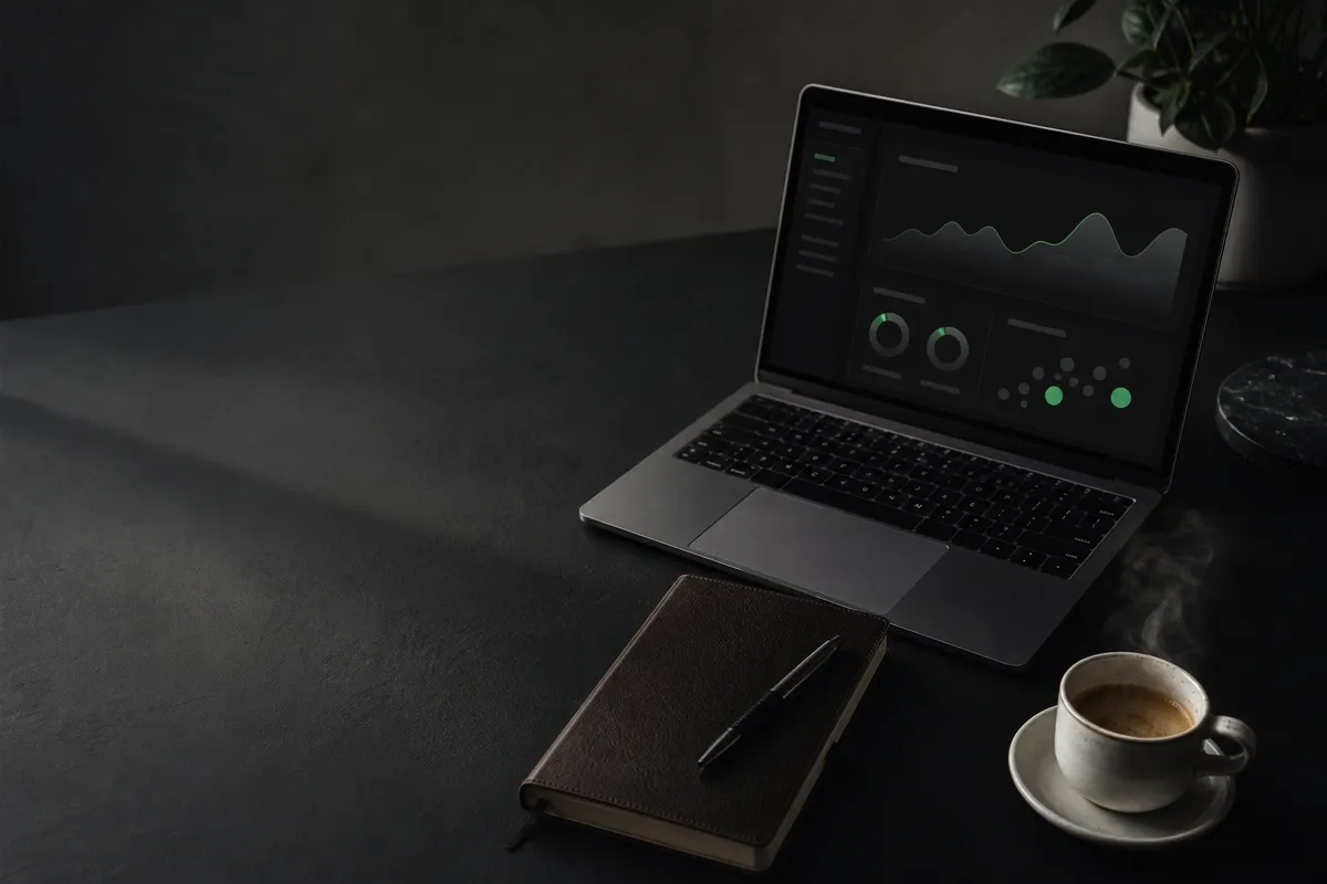 Wide moody desk shot with a laptop showing an abstract clinic dashboard, notebook and a phone, calm cinematic lighting