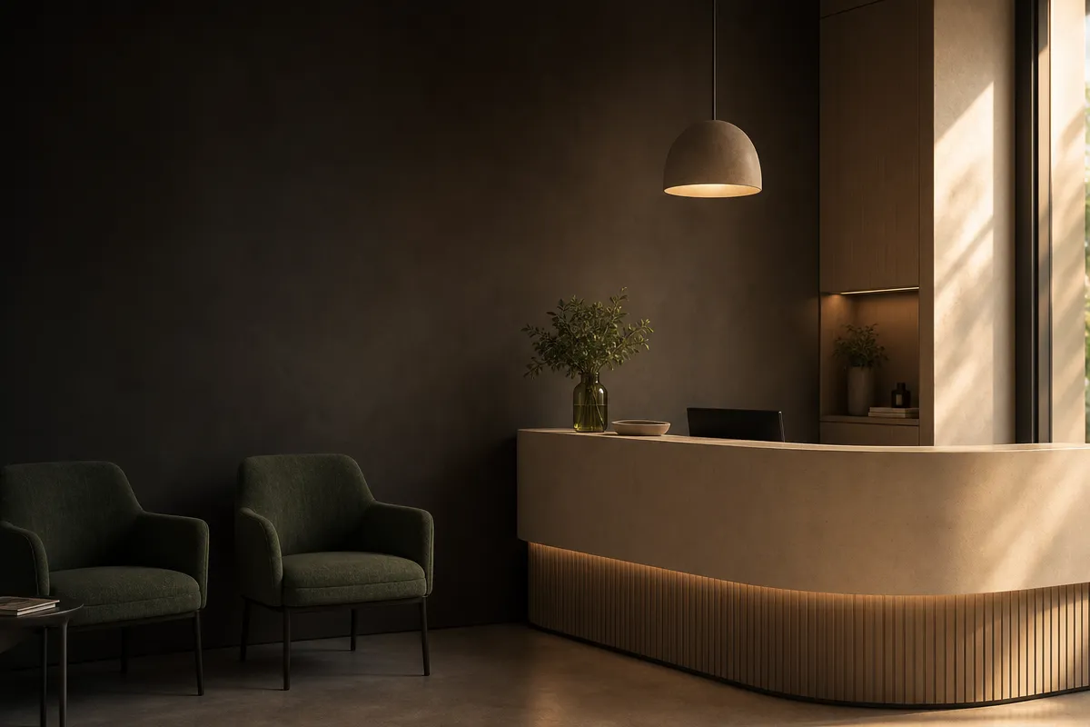 Empty modern medical clinic reception at golden hour, no people, calm natural light, ai medical receptionist environment