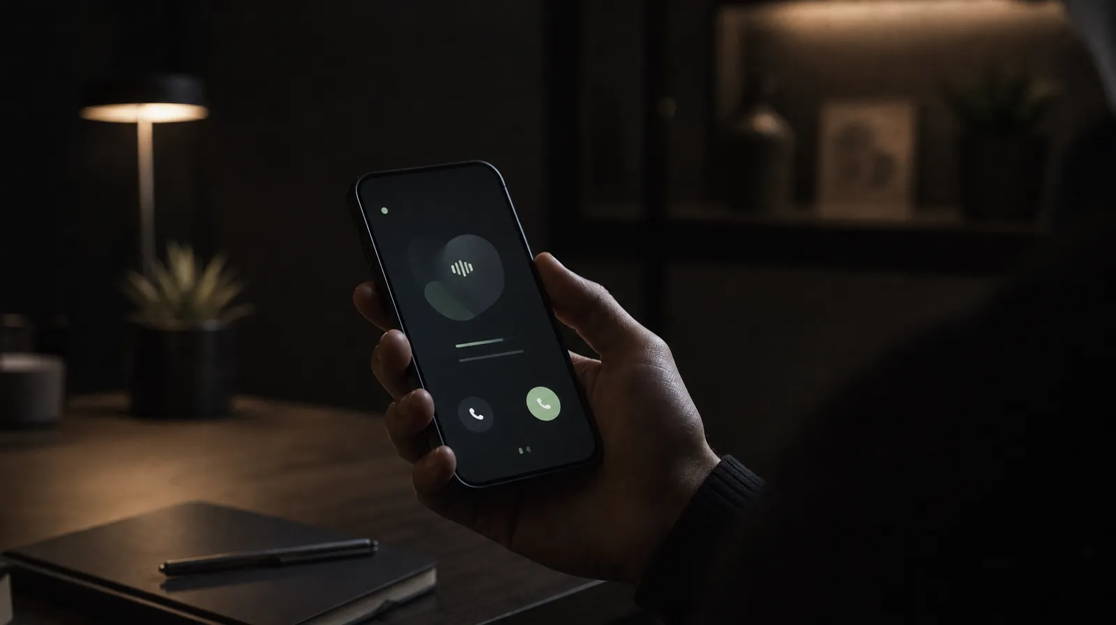 Hand holding a phone with a clinic call app on a dark desk, an ai phone agent answering an after-hours patient call.