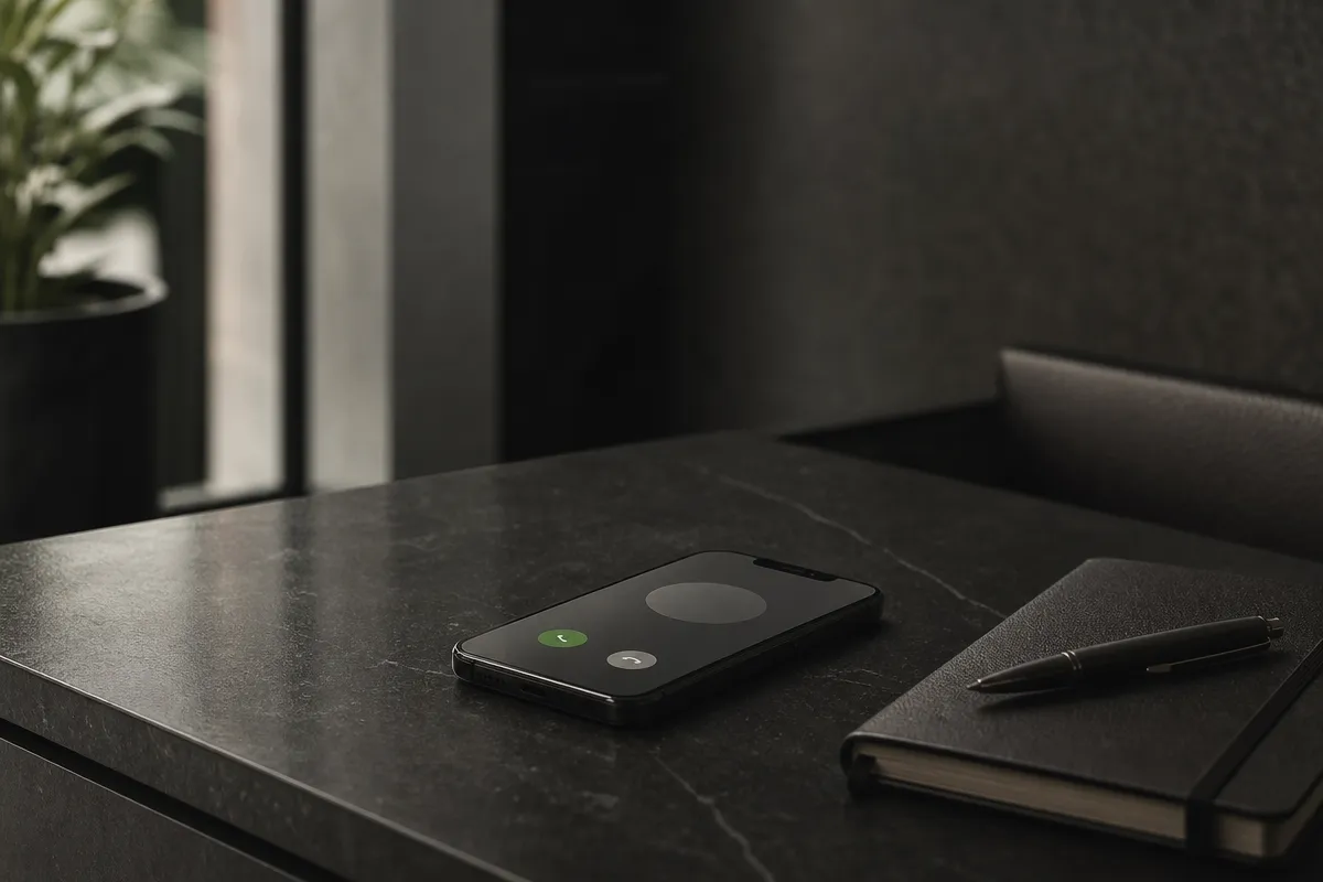 Phone on a dark clinic desk beside a notebook showing a calm call-handling interface, no readable text.