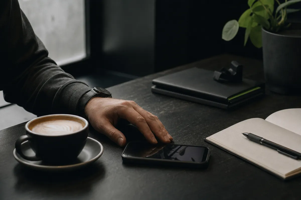 A hand resting on a phone next to a coffee and a notebook on a charcoal desk, soft window light.