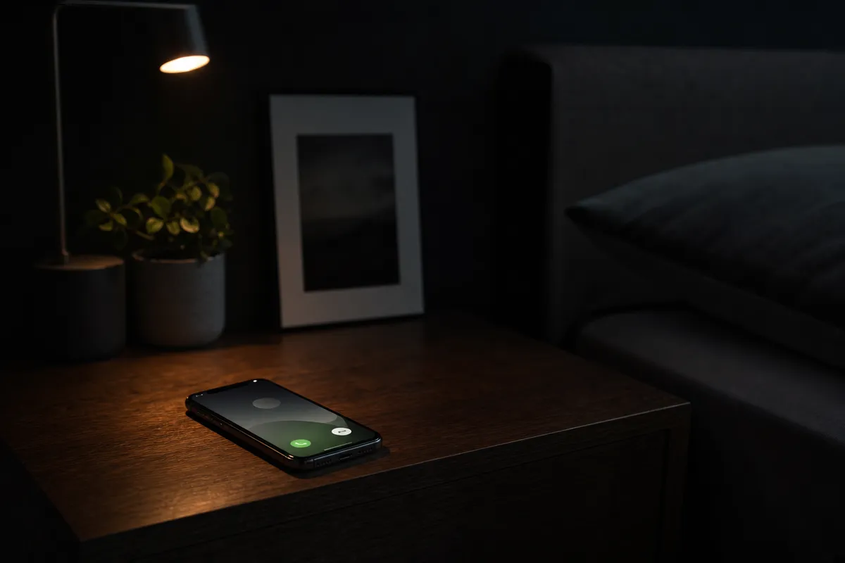 A phone glowing softly on a bedside table in the evening, an incoming call visible, dark calm room.