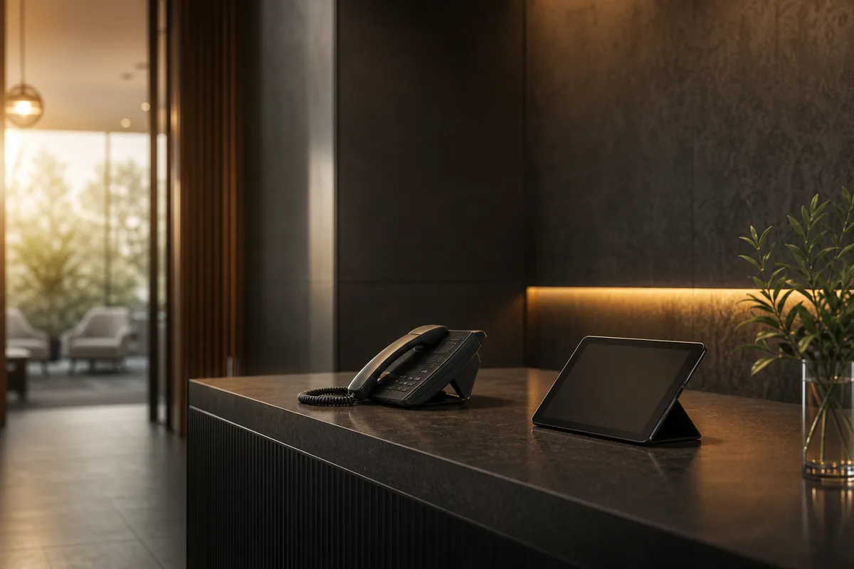 A calm clinic reception counter at golden hour with a phone handset and tablet, no people, soft natural light.