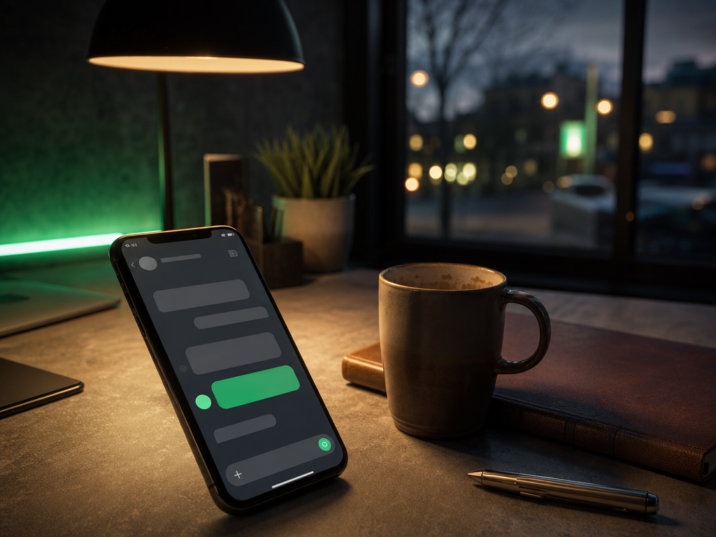 A smartphone on a quiet small business desk at early evening, lit by a soft warm pendant lamp, with a leather notebook and coffee mug nearby and a subtle green incoming-message indicator on screen