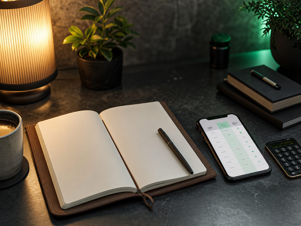 An open notebook, calculator, pen and a phone showing an abstract pricing comparison on a clean dark desk with a warm coffee mug at the edge.
