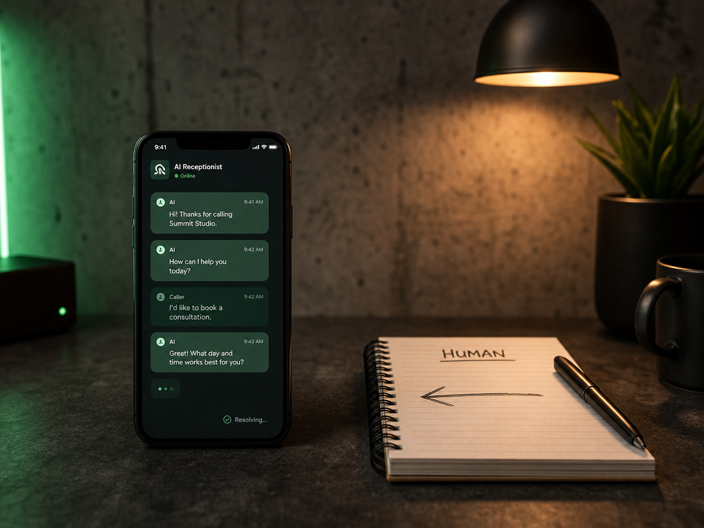 Two devices side by side on a charcoal desk: a smartphone showing an AI conversation interface with soft-green message bubbles, and a notepad with a hand-drawn arrow indicating handover from AI to human.