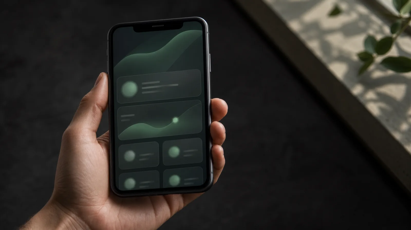 Hand holding a phone with a calm clinic-app interface on a dark desk, an ai receptionist uk system taking a patient call