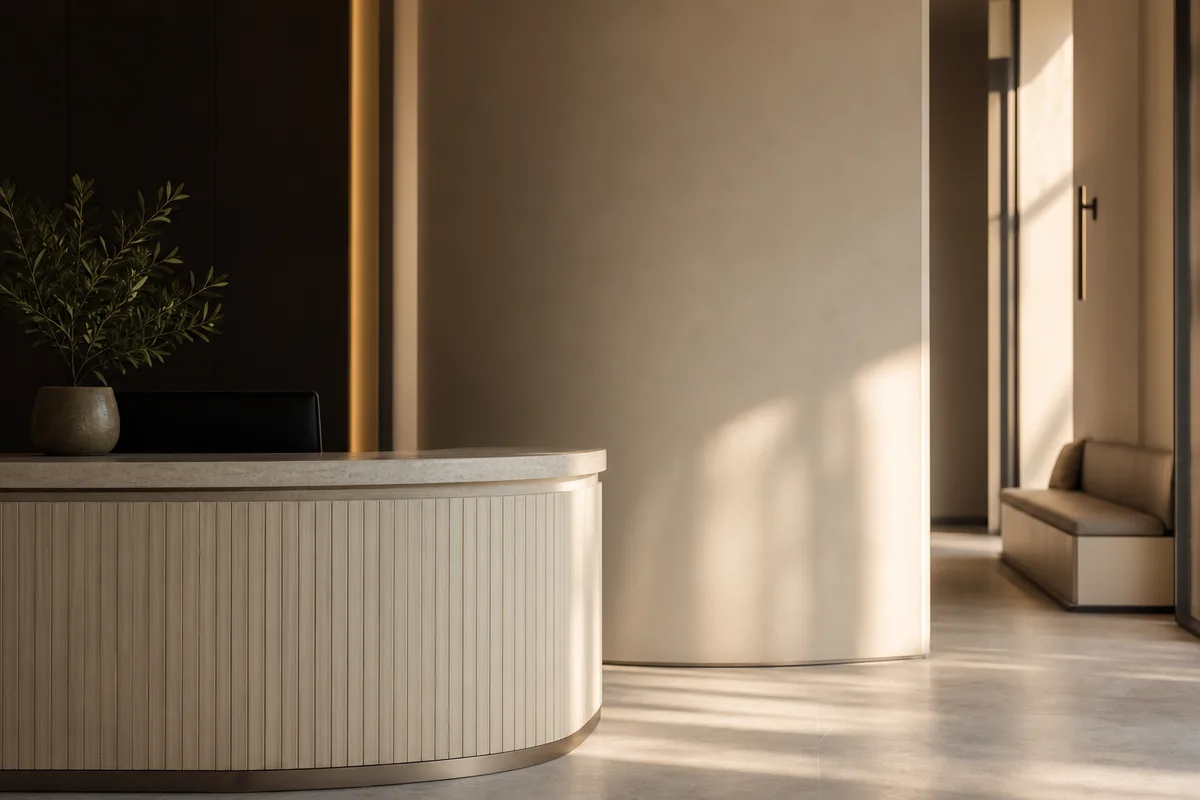 Empty modern UK clinic reception bathed in golden-hour light, no people, calm cinematic mood