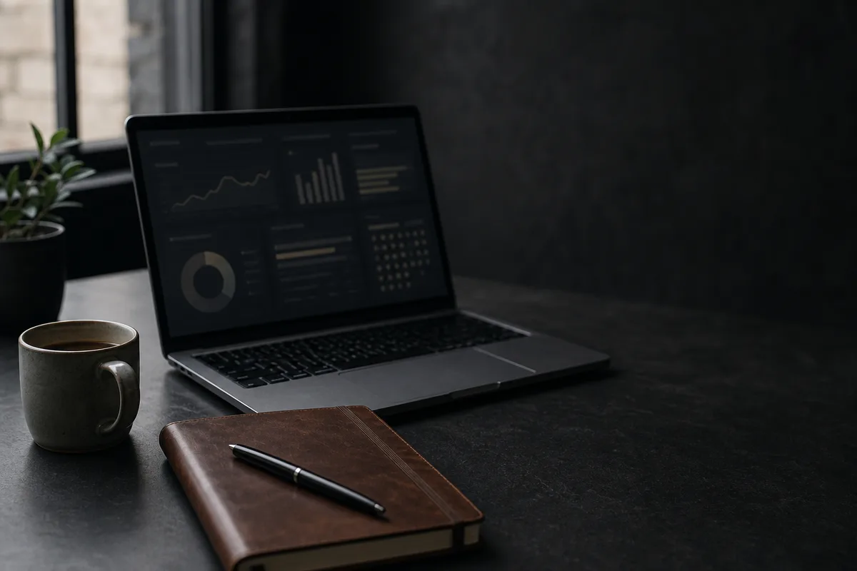 Wide moody desk shot with a laptop showing an abstract clinic dashboard, notebook and pen, calm cinematic lighting