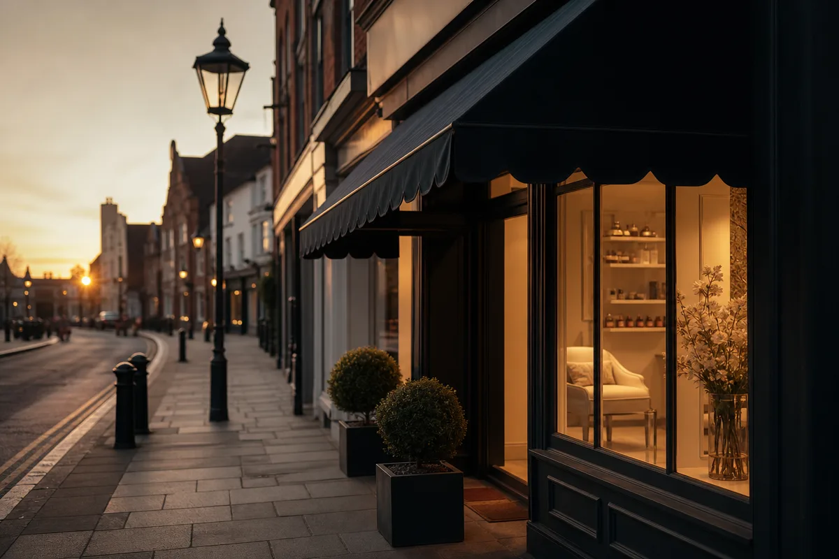 UK high-street clinic exterior at golden hour, awning visible, calm street scene, no readable signage