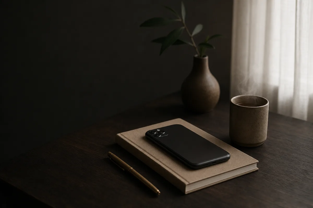Calm desk scene with phone on a notebook, mug and pen, soft window light, cinematic mood