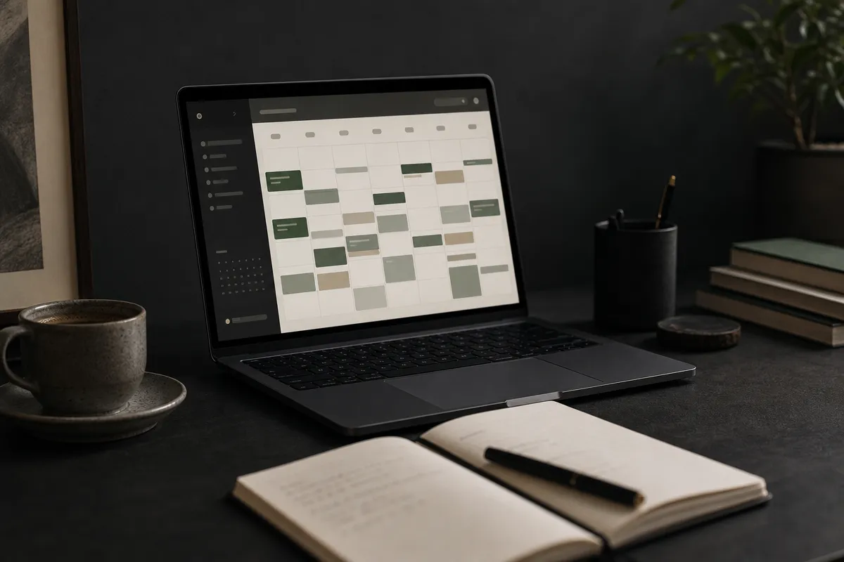 Moody desk with a laptop showing an abstract appointment calendar dashboard and a notebook in the foreground