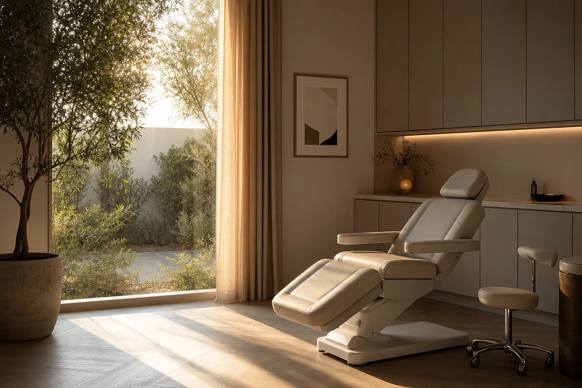 Empty modern aesthetic clinic treatment chair in golden-hour light, no people, calm cinematic mood