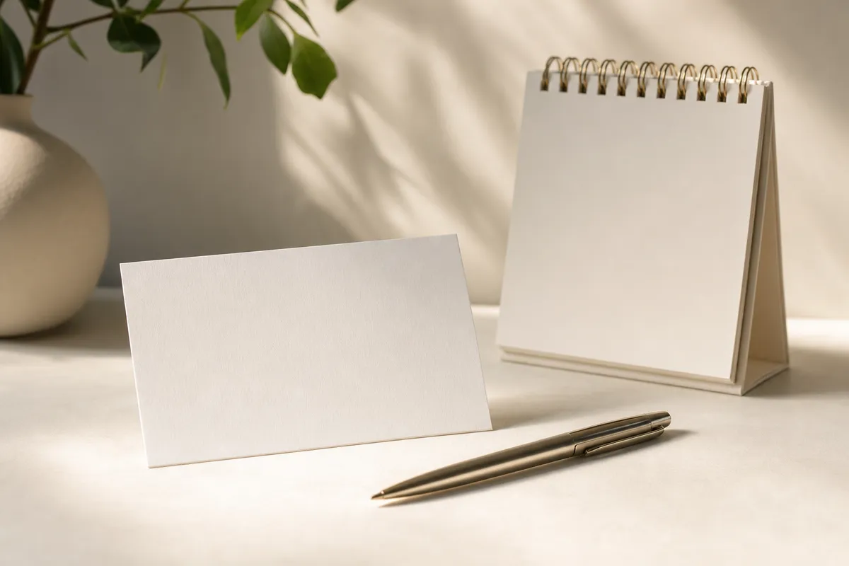 Paper appointment card and a desk calendar with a pen, warm editorial light, single clear subject