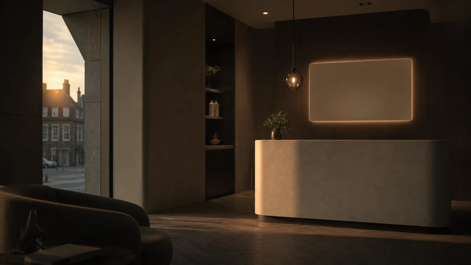 Empty clinic reception at dusk with a blank unlit sign above the desk, soft golden light