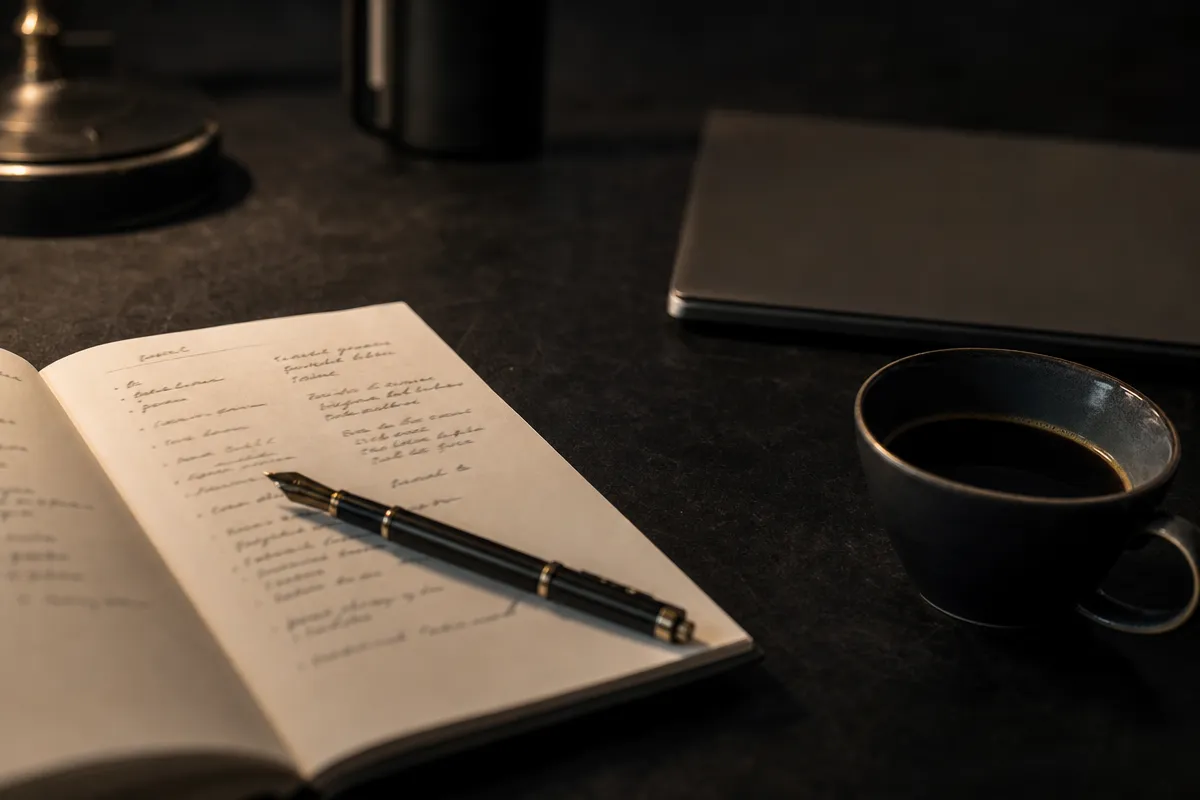 Notebook with a shortlist of names, a pen and a closed laptop on a dark desk, warm side light