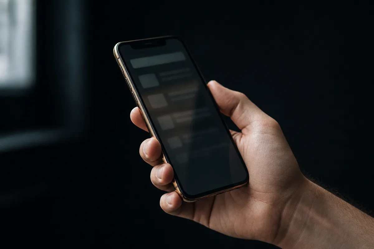 Hand holding a phone showing an abstract search interface, dark background, soft light