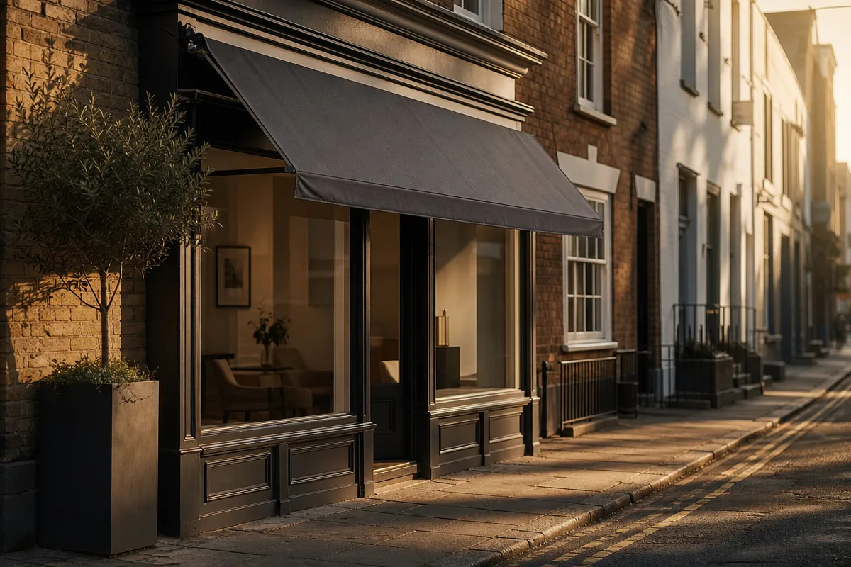 Small high-street clinic exterior at golden hour with a blank awning and no readable signage