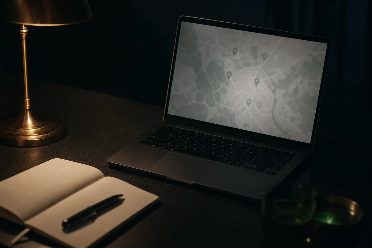 Moody desk with a laptop showing an abstract map interface, notebook and pen in the foreground