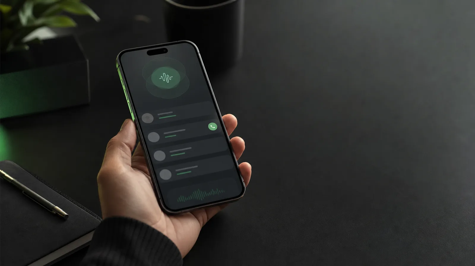 Hand holding a phone on a dark clinic desk showing a calm AI receptionist app, best ai receptionist software scene