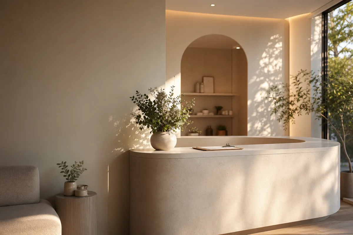 A calm aesthetic clinic reception at golden hour with a clipboard and a soft glow on the counter, evaluation criteria for the best ai receptionist