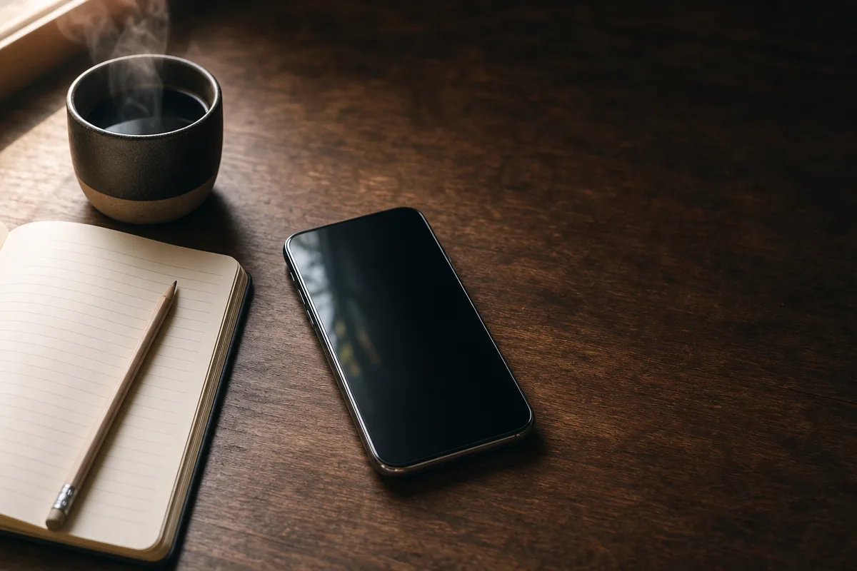 Phone on a wooden desk next to a notebook with a black coffee, hands-only crop, evaluating an ai phone receptionist