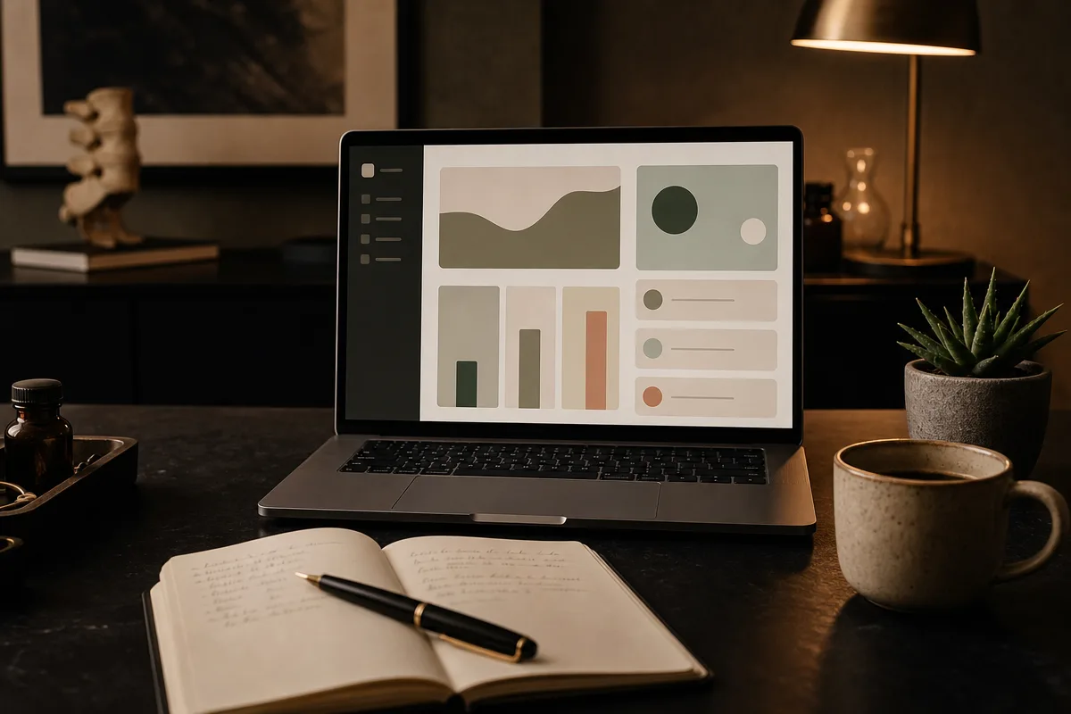 Wide moody desk shot of a laptop with abstract dashboard shapes on screen, notebook and pen in foreground, ai receptionist comparison data